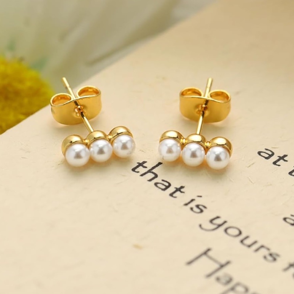 New!  925 Post Gold Plated Triple Pearl Earrings (2011) NWOT